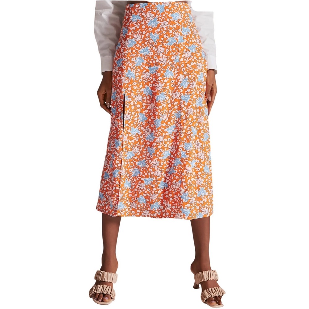 NEW Maeve Anthropologie The Lille Side Slit Midi Skirt Orange Blue Floral Sz 12